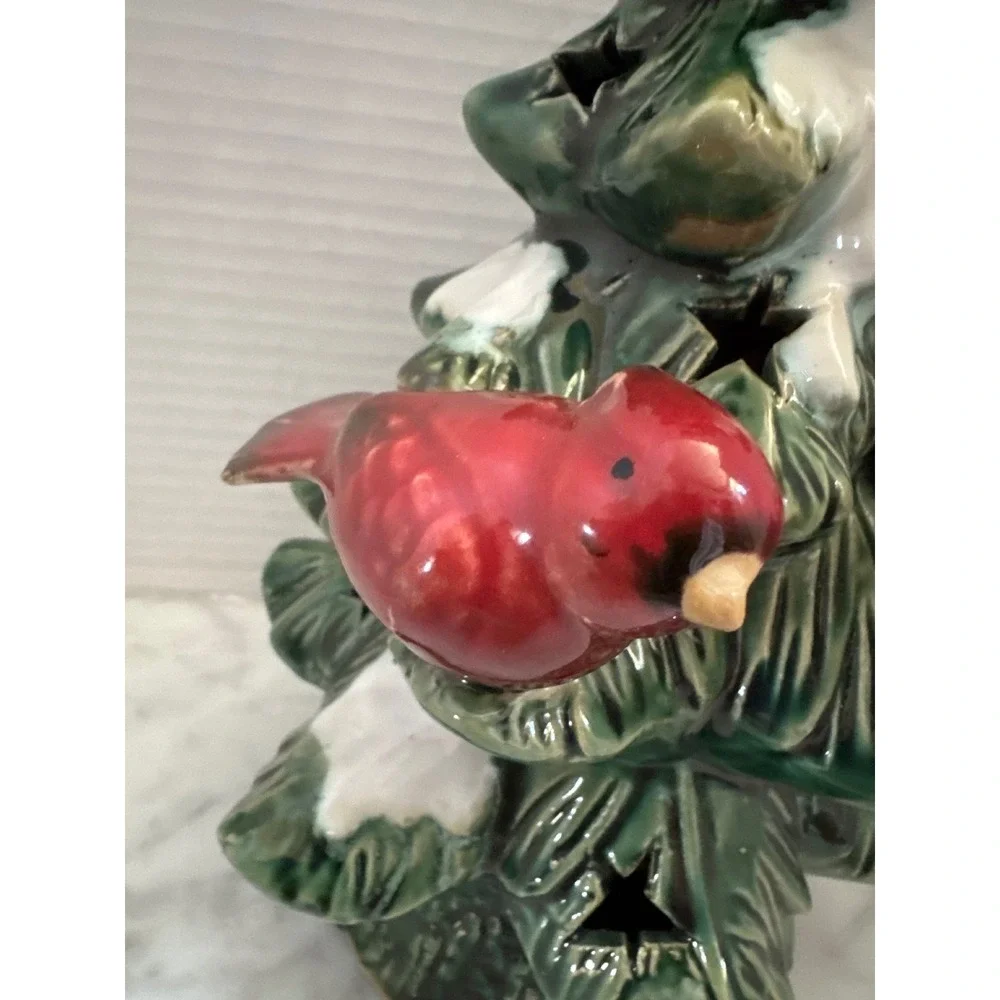 Ceramic Christmas Tree Figurine with Red Cardinals and Star Cutouts 11 Inch